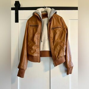 Women's Tan Leather Jacket with Hoodie